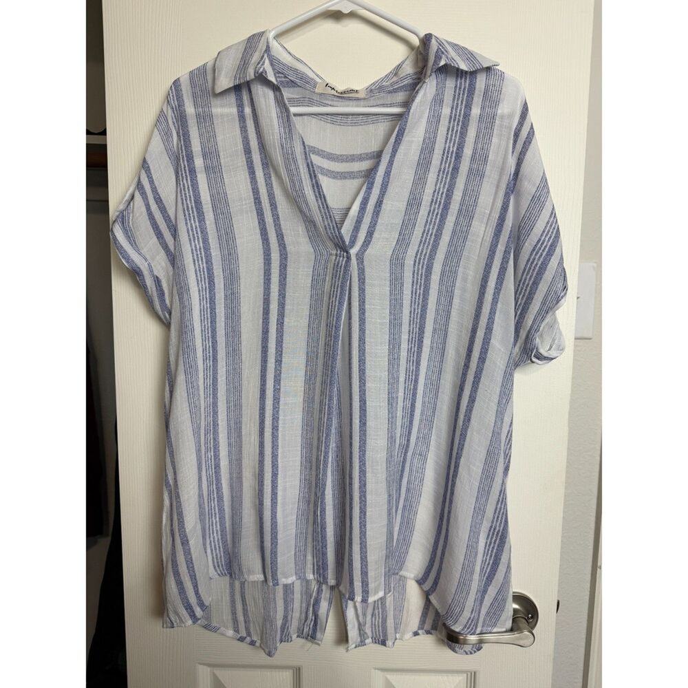 Beachy Striped Button-up Back‎ Rayon Rolled Sleeve Coverup Boutique Top Size XL